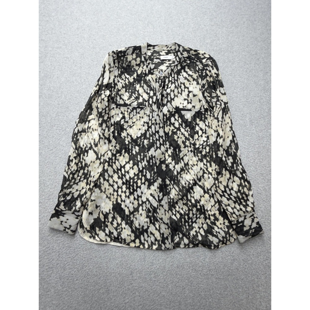 Vince Shirt Womens 4 Black Animal Print Henley Roll Tab Long Sleeve Blouse Sheer